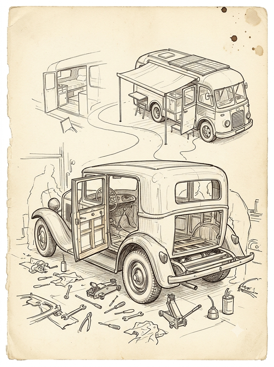Un vieux camion en cours de restauration, dessin à l'encre