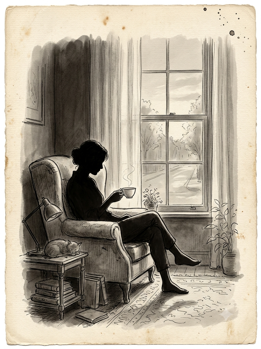 Une silhouette seule assise dans un fauteuil avec une tasse, dessin à l'encre