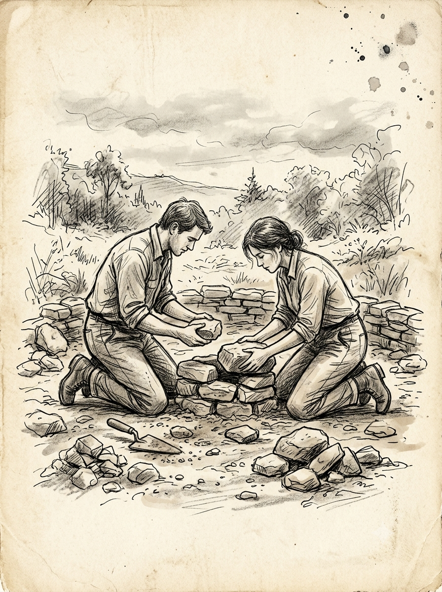 Deux silhouettes bâtissant les fondations d'un refuge, dessin à l'encre