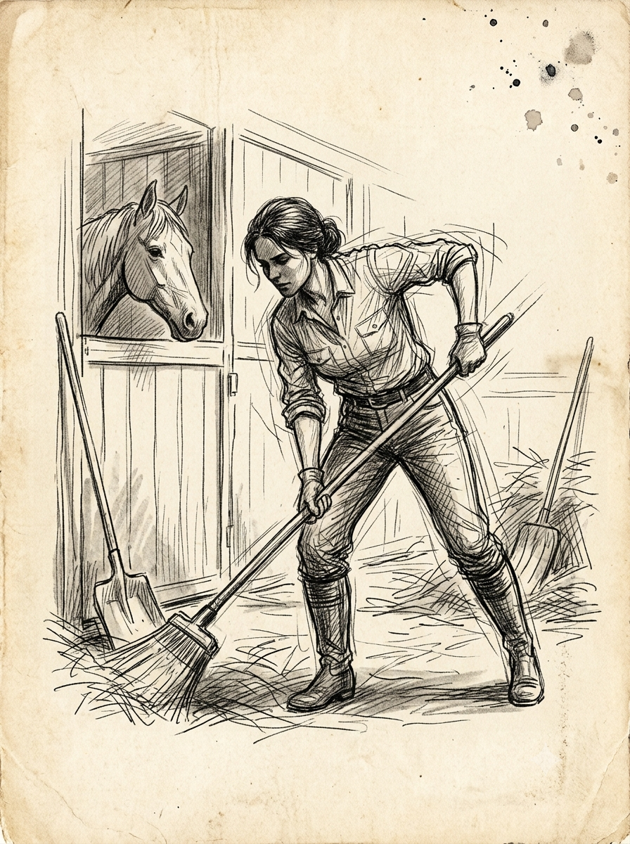 Une femme balayant une écurie près d'un cheval, dessin à l'encre