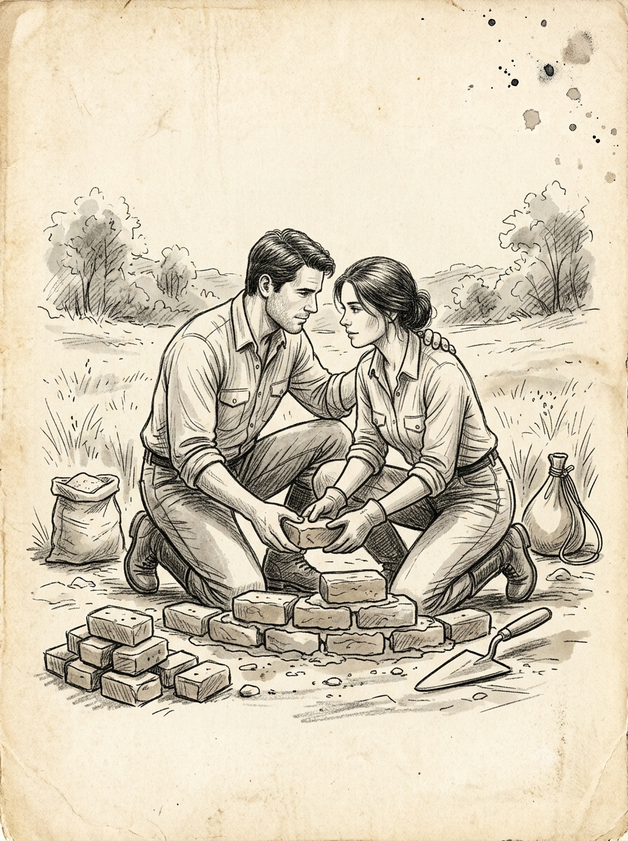 Un couple posant des briques ensemble, dessin à l'encre