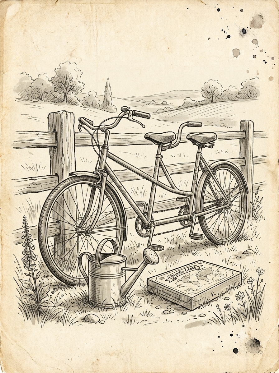 Un vélo tandem, un arrosoir et un jeu de société dans l'herbe, dessin à l'encre