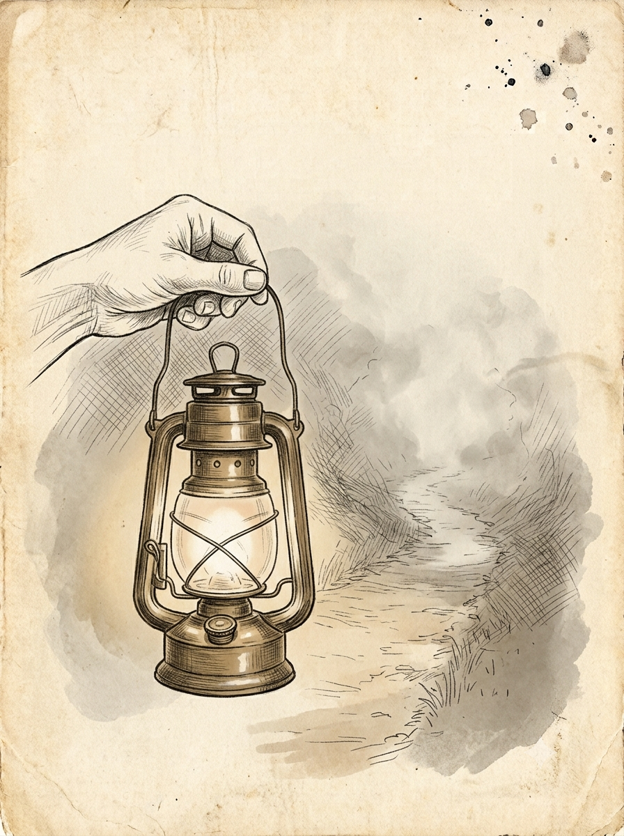 Une main tenant une lanterne sur un chemin brumeux, dessin à l'encre