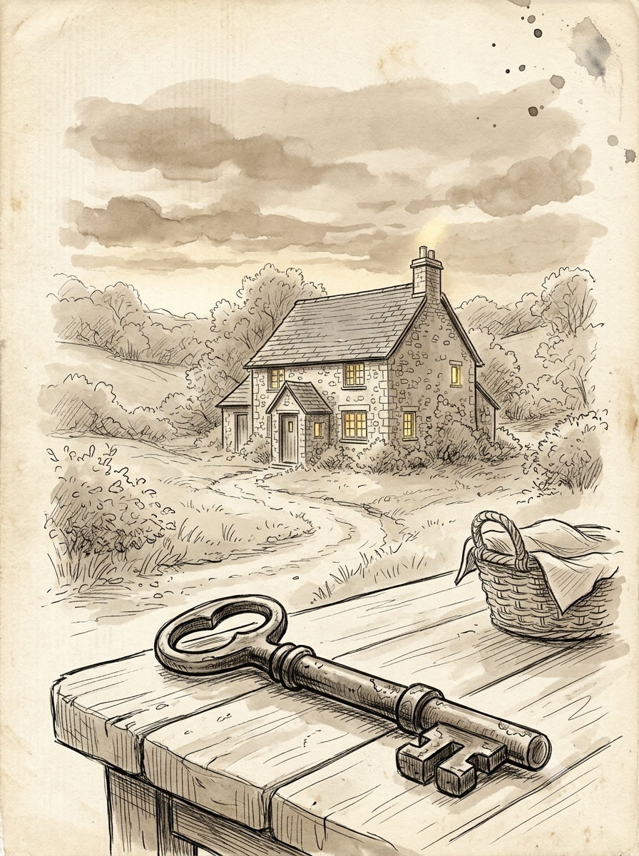 Une maison en pierre au crépuscule avec une vieille clé, dessin à l'encre