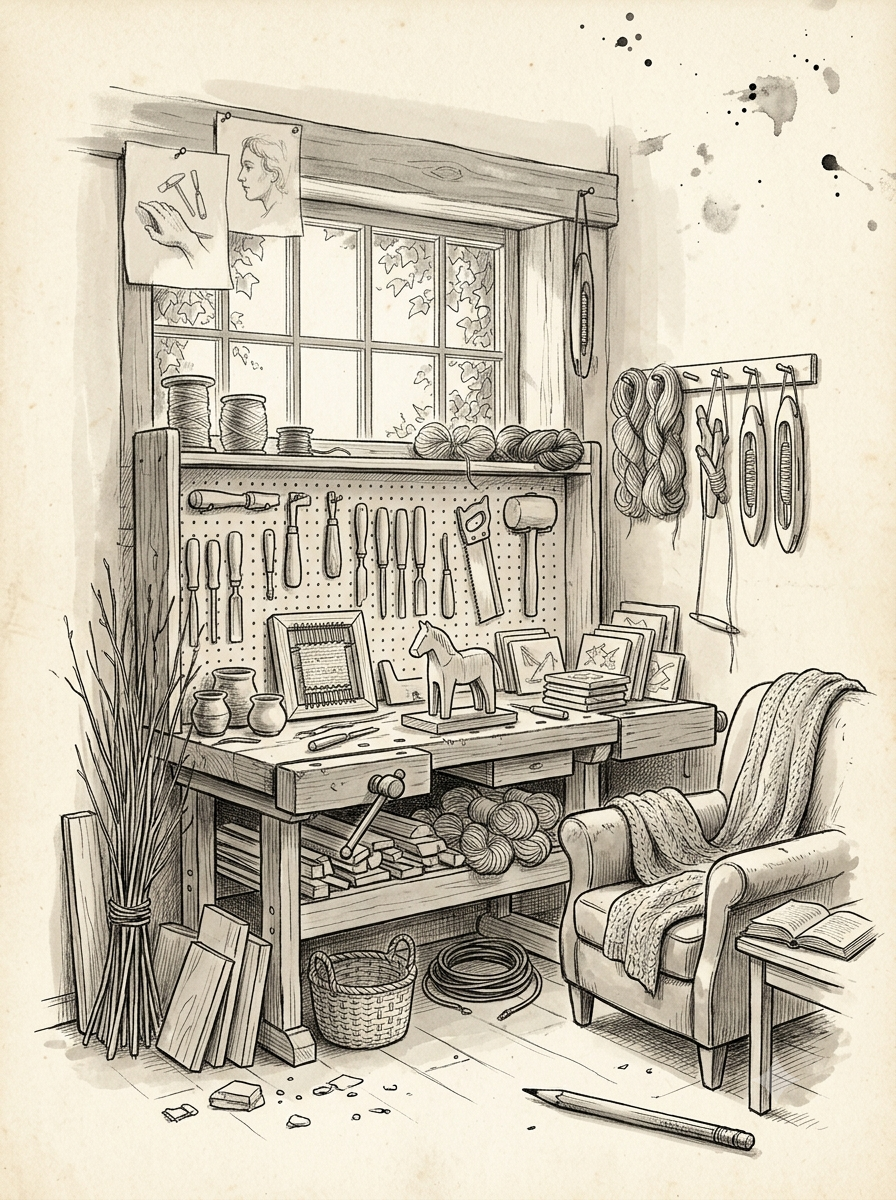 Un coin d'atelier avec établi et outils, dessin à l'encre