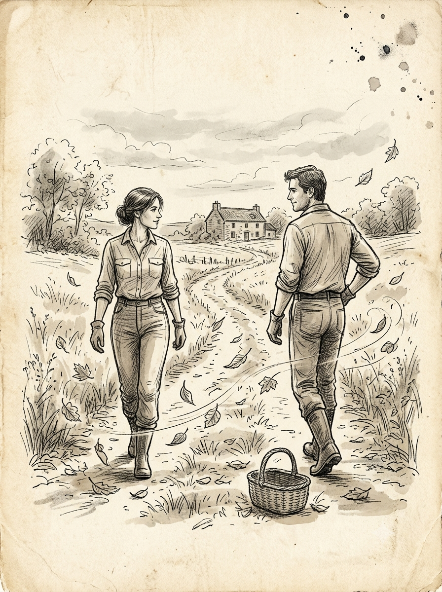 Un couple marchant sur un chemin vers une maison, dessin à l'encre